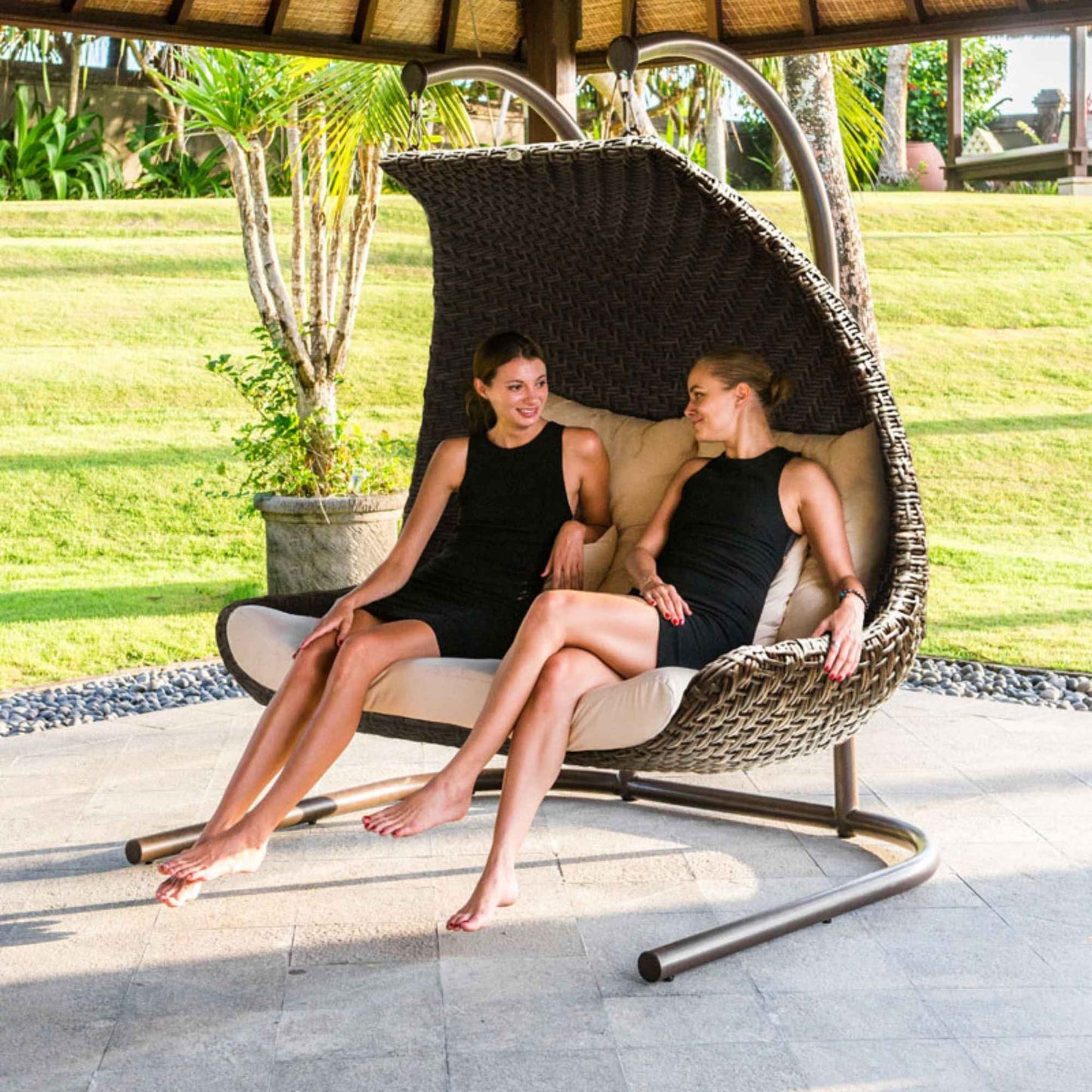 Celeste Double Hanging Chair with Frame and Sunbrella Cushions