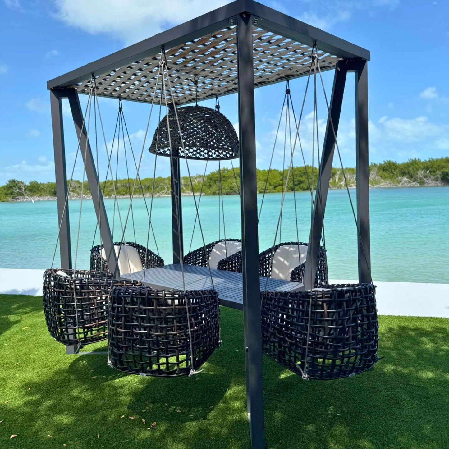 Horizon 8FT Pergola with Lamp, Dynasty Hanging Chairs & Aluminum Table