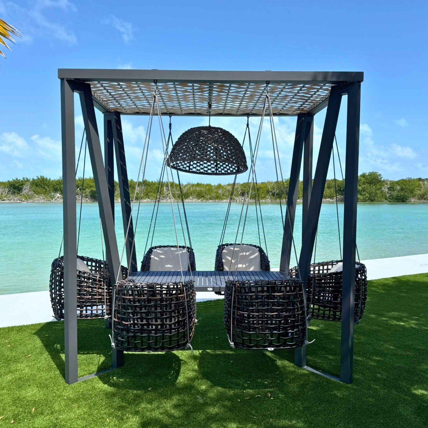 Horizon 8FT Pergola with Lamp, Dynasty Hanging Chairs & Aluminum Table