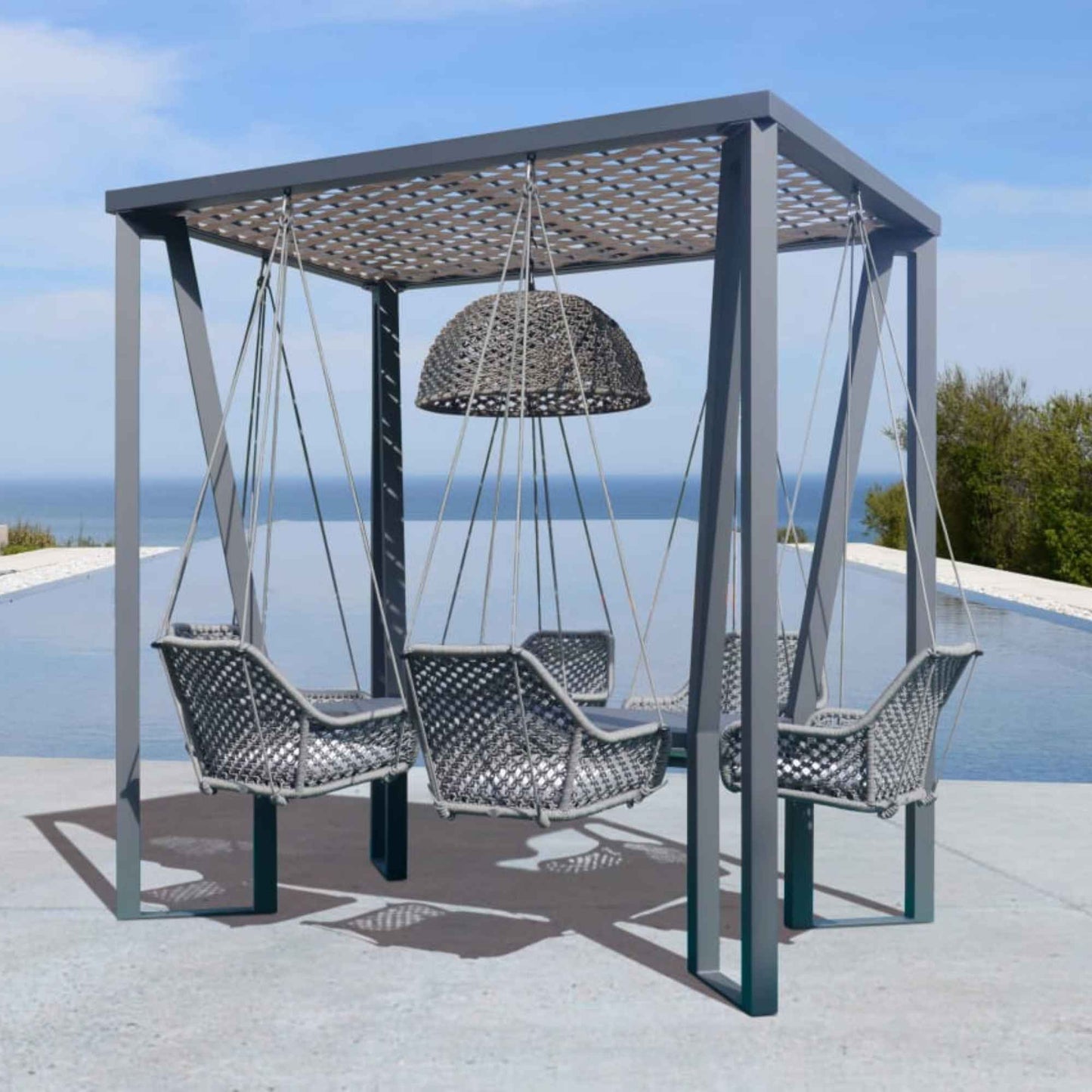 Horizon 8FT Pergola with Lamp, Hanging Chairs & Aluminum Table