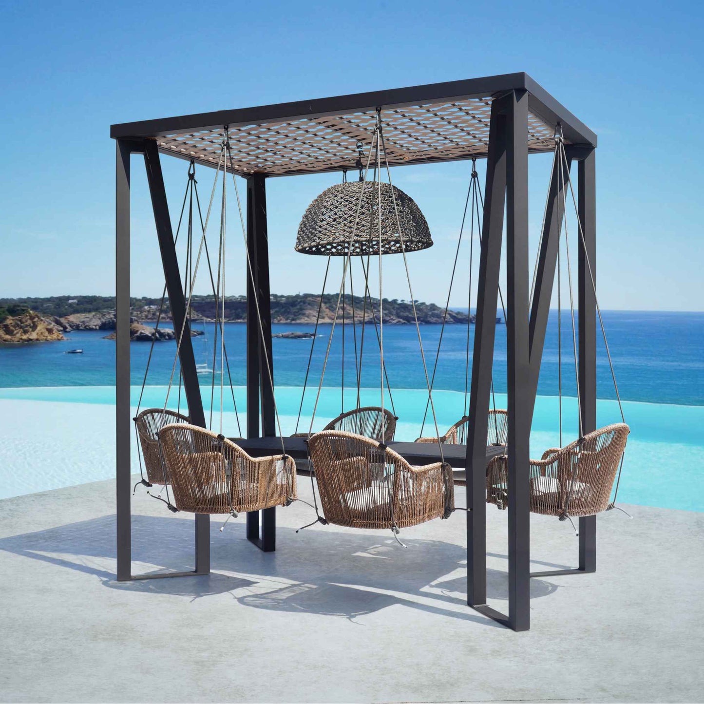 Horizon 8FT Pergola with Lamp, Calixto Hanging Chairs & Aluminum Table