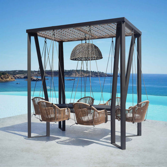 Horizon 8FT Pergola with Lamp, Calixto Hanging Chairs & Aluminum Table