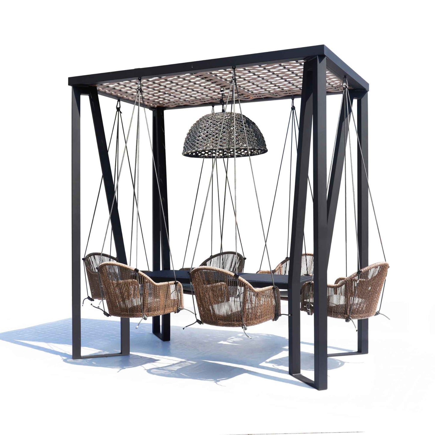 Horizon 8FT Pergola with Lamp, Calixto Hanging Chairs & Aluminum Table