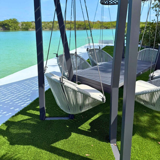 Horizon 8FT Pergola with Lamp, Rodona Hanging Chairs & Aluminum Table